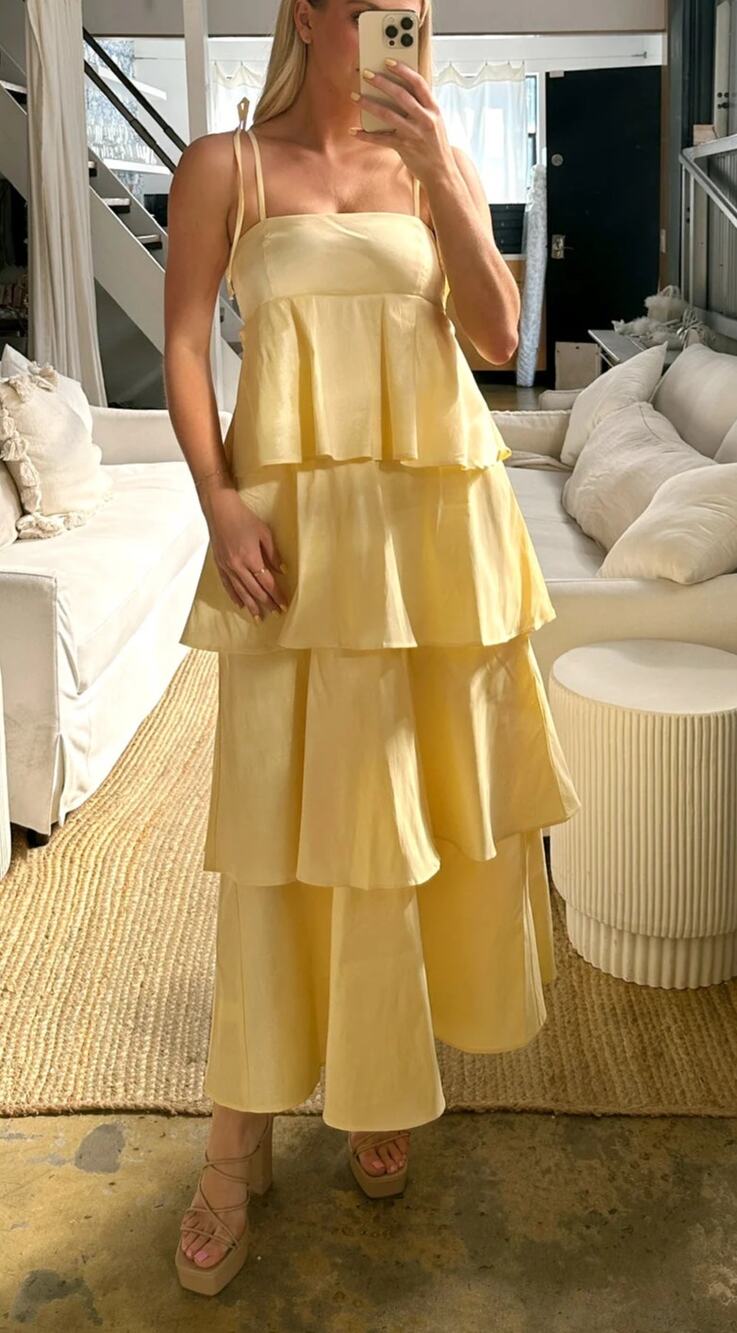 Show Me Your Mumu Meet Cute Tiered Ruffle Midi Dress Pale Yellow Taffeta XXL